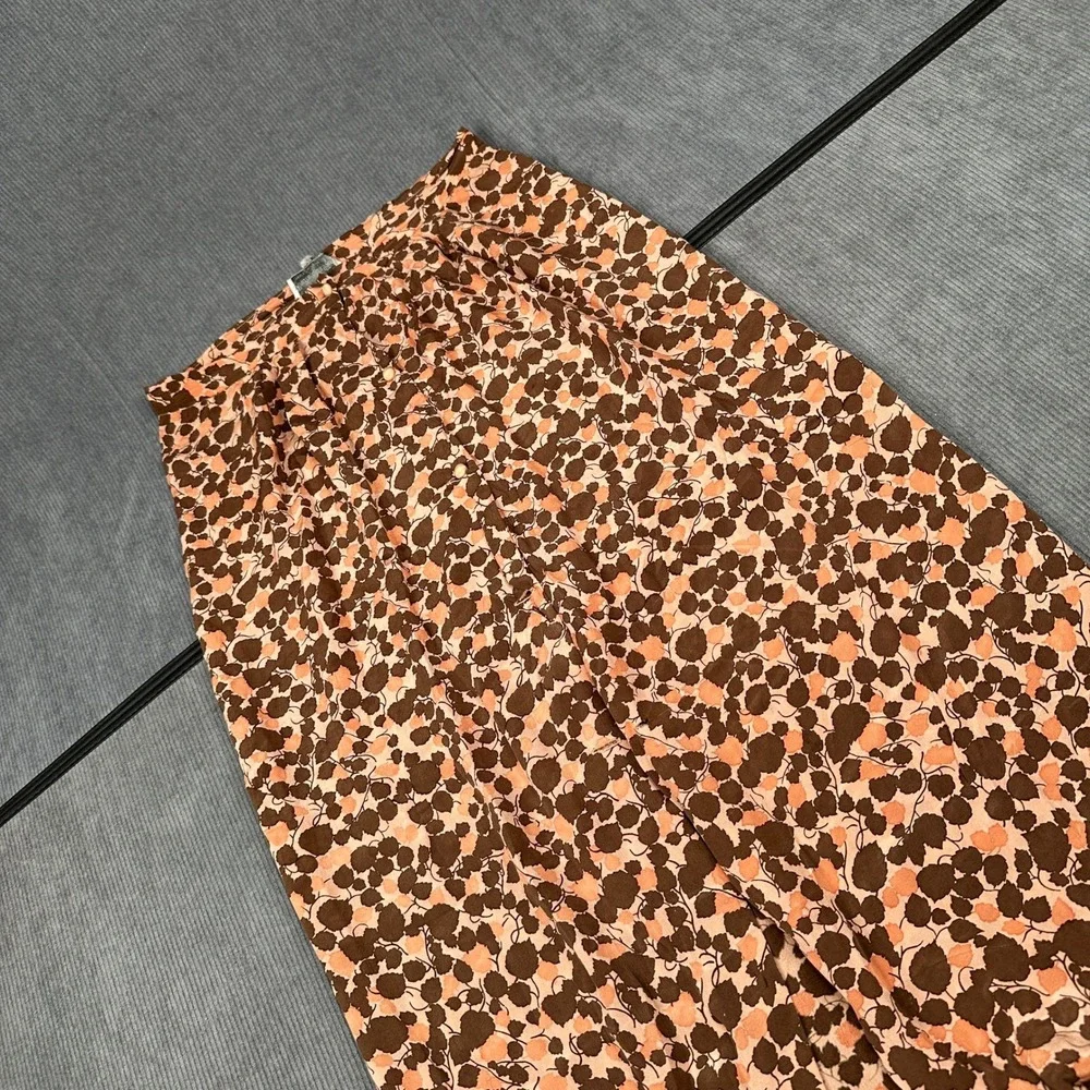 Andre Van Pier 100% Silk Maxi Skirt Brown Peach Floral Leaf Print High Waist